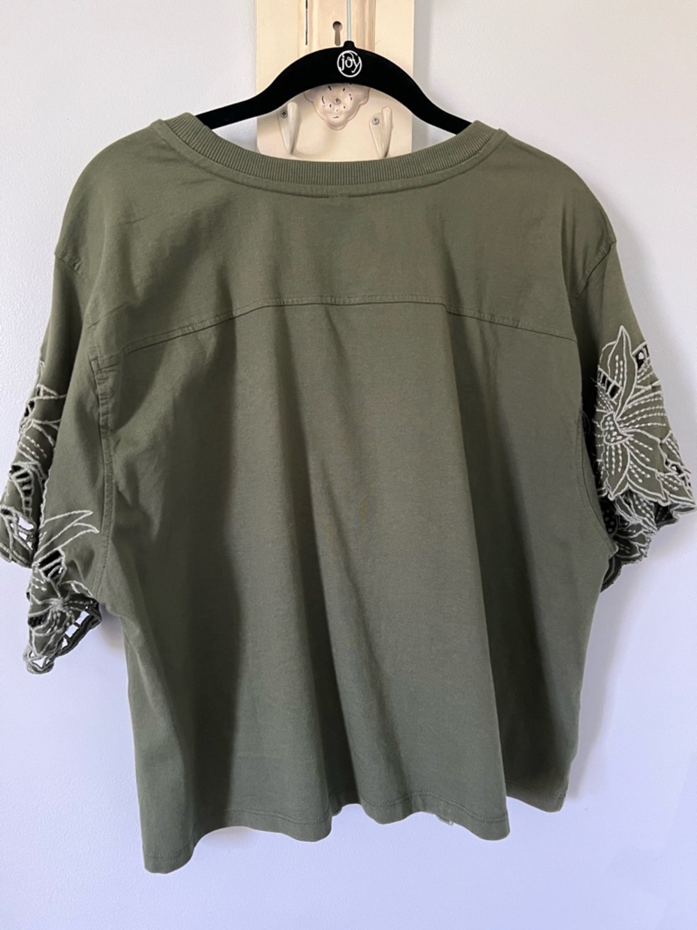 Anthropologie Olive Green Embroidered Cutwork Short Sleeve Top - Picture 3 of 8